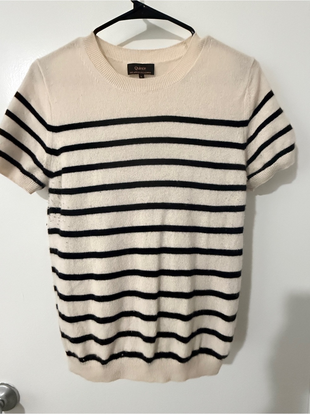 Quince 100% Cashmere Cream and Black Striped Crewneck Sweater